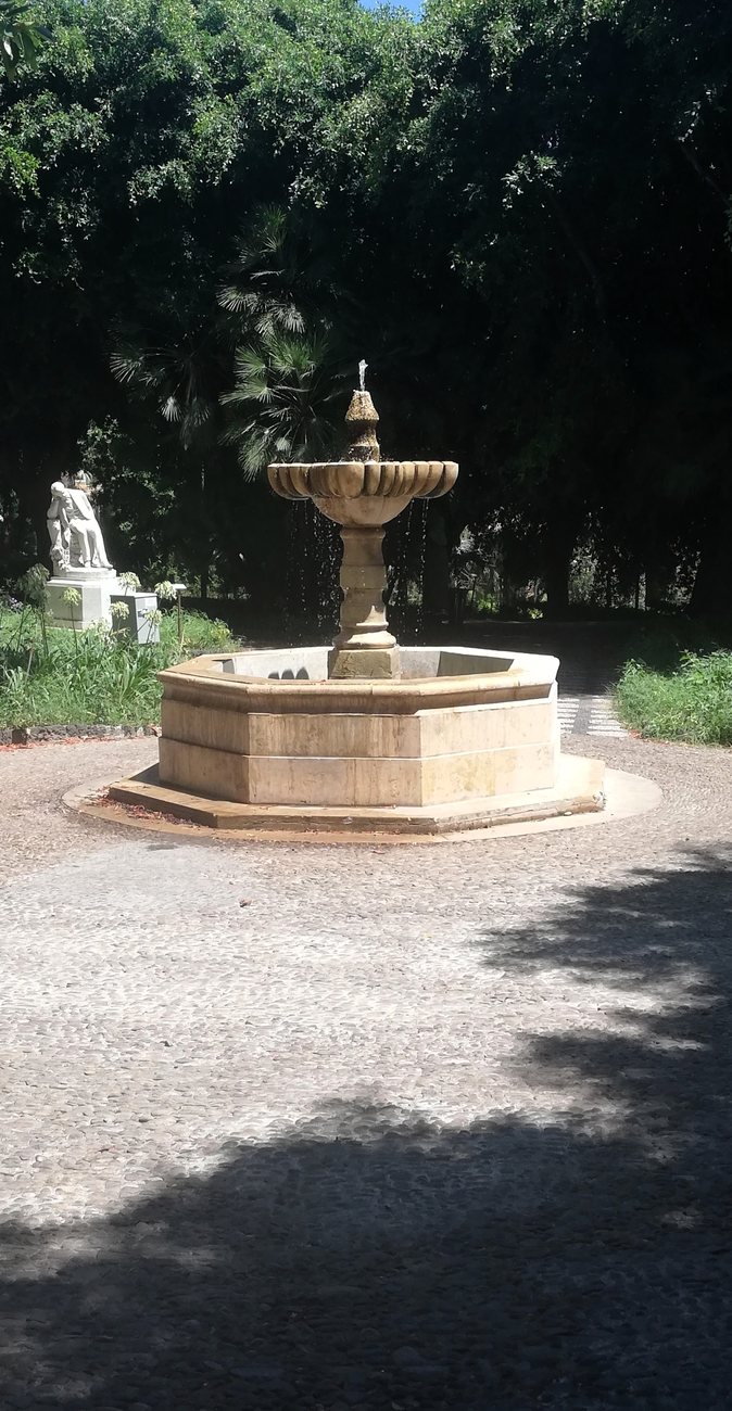 A fountain in the shade of the trees